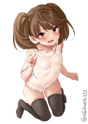 Rule 34 | 1girl, alternate color school swimsuit, alternate costume, alternate legwear, black thighhighs, blush, breasts, brown hair, child, collarbone, covered navel, ebifurya, embarrassed, hair between eyes, highres, kantai collection, looking at viewer, one-piece swimsuit, open mouth, ryuujou (kancolle), school swimsuit, simple background, sitting, small breasts, solo, swimsuit, thighhighs, twintails, twitter username, wariza, white background, white one-piece swimsuit