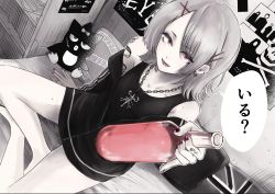Rule 34 | 1girl, arm tattoo, badtz-maru, barefoot, black shirt, bookshelf, bottle, breasts, chain necklace, ear piercing, earrings, eighth note, grey hair, hair ornament, hairclip, heart, heart earrings, highres, holding, holding bottle, jewelry, lipstick, looking at viewer, makeup, medium hair, musical note, nail polish, necklace, on bed, original, piercing, pillow, poster (object), quarter note, red eyes, red nails, sanrio, scorpion, shirt, sitting, skull and crossbones, small breasts, solo, speech bubble, spot color, staff (music), tattoo, to yo tutan