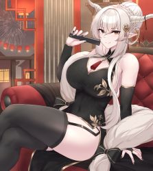 Rule 34 | 1girl, absurdres, arknights, bare shoulders, black dress, black nails, black thighhighs, breasts, bridal gauntlets, brown eyes, closed mouth, covered navel, crossed legs, dress, folding fan, garter straps, hand fan, highres, holding, holding fan, horns, kanta (kanta 077), large breasts, long hair, looking at viewer, nail polish, pointy ears, shining (arknights), sitting, smile, thighhighs, thighs, white hair