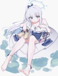 Rule 34 | 1girl, absurdres, barefoot, blue archive, blue one-piece swimsuit, blush, bow, epi zero, frilled one-piece swimsuit, frills, grey hair, hair bow, halo, highres, holding sandals, knees together feet apart, looking at viewer, miyako (blue archive), miyako (swimsuit) (blue archive), official alternate costume, on innertube, one-piece swimsuit, side ponytail, solo, swimsuit
