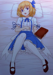 Rule 34 | 1girl, alice margatroid, alice margatroid (pc-98), bed sheet, blonde hair, blue eyes, blue ribbon, blue skirt, book, frilled skirt, frills, full body, hair ribbon, highres, kakone, looking at viewer, lying, mary janes, on back, pantyhose, pillow, red footwear, ribbon, shoes, short hair, short sleeves, skirt, solo, touhou, touhou (pc-98), white pantyhose