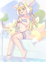 Rule 34 | 1girl, absurdres, animal ear fluff, animal ears, arknights, barefoot, bikini, blue bikini, feet, fox ears, fox girl, fox tail, green eyes, hair intakes, hairband, highres, legs, long hair, low twintails, multiple tails, navel, open mouth, outdoors, own hands together, phi str, pool, poolside, scrunchie, smile, soaking feet, solo, suzuran (arknights), swimsuit, tail, thighs, toes, twintails, water