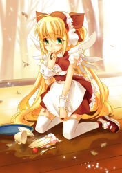 Rule 34 | 1girl, ahoge, apron, autumn, autumn leaves, blonde hair, blush, bow, branch, cake, cake slice, clothes tug, commentary, cup, dress, eguana, embarrassed, english commentary, engrish commentary, facing viewer, floor, food, fork, frilled sleeves, frills, frown, fruit, furrowed brow, green eyes, hair bow, hand on own face, headdress, high collar, jewelry, kneeling, lace, lace-trimmed dress, lace-trimmed headwear, lace-trimmed wrist cuffs, lace trim, leaf, light frown, light particles, long hair, looking at viewer, maid, maid apron, maid headdress, original, plate, red bow, red dress, red footwear, red headwear, ring, shoes, sidelocks, socks, solo, spill, strawberry, teacup, tearing up, tears, thighhighs, tray, tree, white socks, white thighhighs, white wrist cuffs, wooden floor, worried, wrist cuffs