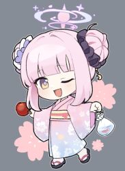 Rule 34 | 1girl, blue archive, blush, candy apple, double bun, flower, food, full body, grey background, hair bun, hair flower, hair ornament, halo, holding, holding food, japanese clothes, kimono, long hair, long sleeves, marimo jh, mika (blue archive), obi, one eye closed, open mouth, pink hair, pink halo, pink kimono, purple flower, sandals, sash, simple background, smile, socks, solo, white socks, wide sleeves, yellow eyes, zouri