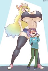 Rule 34 | 1boy, 1girl, angstrom, artist name, baseball cap, black tank top, black thighhighs, blonde hair, blush, breast shadow, breasts, child, closed eyes, covered erect nipples, denim, denim shorts, dragon horns, full body, green hair, hands on own hips, hat, highres, horns, huge breasts, kobayashi-san chi no maidragon, long hair, long sleeves, looking at breasts, looking up, lucoa (maidragon), magatsuchi shouta, matching hair/eyes, midriff, navel, no bra, open mouth, pants, purple eyes, purple hair, shadow, shoes, short hair, shorts, size difference, smile, sneakers, standing, tank top, teeth, thighhighs, thighs, tongue, underboob, upper teeth only
