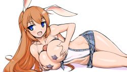 Rule 34 | 1girl, aegis (nerocc), between breasts, blue eyes, breasts, carrot, charlotte e. yeager, grabbing, grabbing another&#039;s breast, large breasts, long hair, microskirt, miniskirt, orange hair, pasties, rabbit ears, skirt, strike witches, world witches series