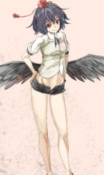 Rule 34 | 1girl, alternate costume, bird wings, black hair, black wings, breasts, collared shirt, groin, hair between eyes, hands on own hips, hat, legs, light smile, looking at viewer, low wings, navel, neck ribbon, no panties, open fly, puffy sleeves, red eyes, ribbon, shameimaru aya, shirt, short hair, short shorts, short sleeves, shorts, simple background, small breasts, smile, solo, standing, tassel, tokin hat, touhou, unzipped, wings, yohane