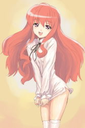 Rule 34 | 1girl, long hair, louise francoise le blanc de la valliere, makacoon, open mouth, over-kneehighs, pink eyes, red hair, shirt tug, smile, solo, thighhighs, white thighhighs, zero no tsukaima