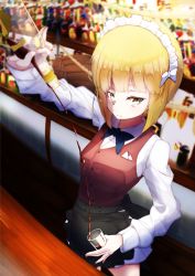 Rule 34 | 10s, 1girl, :c, alcohol, apron, arm up, bar (place), barrel, bartender, black apron, black skirt, blonde hair, blue bow, blue bowtie, bottle, bow, bowtie, closed mouth, collared shirt, commentary request, counter, cup, cutlass (girls und panzer), drinking glass, girls und panzer, highres, holding, holding cup, holding drinking glass, indoors, long hair, maid headdress, murata ryou, pouring, red vest, sad, shirt, short hair, skirt, solo, standing, vest, waist apron, white bow, white shirt, yellow eyes