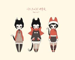 Rule 34 | 1girl, :o, animal ears, animal hat, armor, arms at sides, black dress, black footwear, black hair, blush stickers, boots, brown thighhighs, cat ears, cat girl, cat hat, cat tail, chibi, christmas, closed mouth, cross-laced footwear, dress, dungeon meshi, frown, full body, fur-trimmed jacket, fur-trimmed sleeves, fur trim, ggonyang 7, half-closed eyes, hat, highres, izutsumi, jacket, japanese armor, korean commentary, korean text, lace-up boots, lineup, looking at viewer, looking down, multiple views, partially colored, pocket, pom pom (clothes), red footwear, red headwear, red jacket, red scarf, santa costume, scarf, short dress, short hair, simple background, standing, sweater, sweater dress, tail, thigh boots, thighhighs, toggles, twitter username, yellow eyes, zettai ryouiki