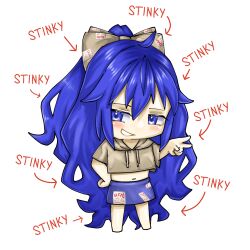 Rule 34 | 1girl, antinomy of common flowers, blue eyes, blue hair, bow, debt, english text, grey hoodie, hair bow, highres, hood, hoodie, ioriorigami, long hair, looking at viewer, non-web source, self-upload, smile, solo, touhou, yorigami shion