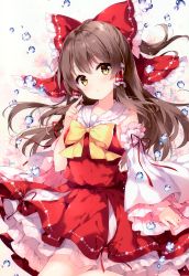 Rule 34 | 1girl, absurdres, blush, bow, bowtie, brown hair, detached sleeves, flower, frills, hair between eyes, hair bow, hair tubes, hakurei reimu, highres, japanese clothes, long hair, looking at viewer, miko, mochizuki shiina, open mouth, red bow, ribbon-trimmed sleeves, ribbon trim, scan, simple background, skirt, skirt set, solo, touhou, water, water drop, white flower, wide sleeves, yellow bow, yellow eyes