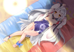 Rule 34 | aftersex, arms up, azur lane, blue one-piece swimsuit, blush, breasts, censored, commentary request, cross, cum, cum in pussy, grey hair, hat, iron cross, jacket, lens flare, long hair, looking at viewer, lying, one-piece swimsuit, shadow, small breasts, solo, straw hat, swimsuit, takara akihito, tattoo, yellow eyes, z46 (azur lane), z46 (her first summer) (azur lane)