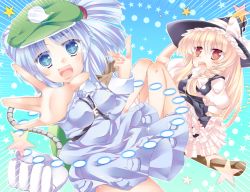 Rule 34 | 2girls, blonde hair, blue background, blue eyes, blue hair, bow, braid, breasts, broom, broom riding, danmaku, emphasis lines, extra arms, fang, flying, hair bobbles, hair bow, hair ornament, hand on headwear, hat, index finger raised, iyokan-zeri, kawashiro nitori, key, kirisame marisa, legs together, knees up, long hair, long sleeves, looking at viewer, medium breasts, multiple girls, open mouth, outstretched hand, puffy short sleeves, puffy sleeves, short hair, short sleeves, single braid, skirt, skirt set, star-shaped pupils, star (symbol), symbol-shaped pupils, touhou, twintails, two side up, witch hat