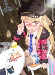 Rule 34 | 10s, 1girl, ;p, bespectacled, bird, blush, brown thighhighs, cabbie hat, cellphone, coffee cup, cup, disposable cup, duck, earrings, from above, fur trim, glasses, hat, idolmaster, idolmaster cinderella girls, jewelry, jougasaki rika, long hair, looking at viewer, nail polish, necktie, one eye closed, phone, pink-framed eyewear, shorts, sitting, solo, striped clothes, striped thighhighs, suzuya wataru, thighhighs, tongue, tongue out, vertical-striped clothes, vertical-striped thighhighs