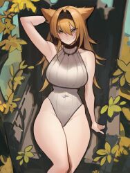 Rule 34 | 1girl, animal ears, arknights, arm behind head, bare shoulders, black hairband, blonde hair, breasts, chair, covered collarbone, covered navel, distr, from above, glaring, grey one-piece swimsuit, hairband, highleg, highleg springsuit, highres, horn (arknights), horn (to effloresce whitely) (arknights), ivy, jewelry, large breasts, looking at viewer, messy hair, necklace, official alternate costume, on chair, one-piece swimsuit, sketch, sketch background, solo, springsuit, striped clothes, striped one-piece swimsuit, swimsuit, vegetation, vertical-striped clothes, vertical-striped one-piece swimsuit, wolf ears, wolf girl