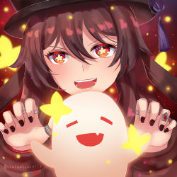 Rule 34 | 1girl, black coat, black hat, black nails, bright pupils, brown hair, close-up, coat, collared coat, collared shirt, colored tips, commentary request, flower-shaped pupils, genshin impact, ghost, ghost pose, hair between eyes, hat, hu tao (genshin impact), jewelry, light particles, long hair, looking at viewer, maron star, multicolored eyes, multicolored hair, multiple rings, nail polish, open mouth, orange eyes, orange pupils, ponytail, porkpie hat, portrait, purple eyes, red background, red eyes, red shirt, ring, shirt, smile, solo, symbol-shaped pupils, tassel, thumb ring, twintails, twitter username