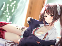 Rule 34 | 1girl, alternate costume, azur lane, bell, black thighhighs, blue cardigan, blurry, blurry background, blush, breasts, brown hair, buttons, cardigan, cleavage, clothes pull, collarbone, collared shirt, crossed bangs, day, dress shirt, hair between eyes, half-closed eyes, haruna (azur lane), haruna (free time before class) (azur lane), highres, horns, indoors, jewelry, long hair, long sleeves, looking at viewer, lying, medium breasts, miniskirt, necktie, on side, open mouth, panties, phone, plaid, plaid skirt, pleated skirt, pov, red eyes, red necktie, red skirt, school uniform, schreibe shura, shirt, skindentation, skirt, skirt pull, solo, sparkle, striped clothes, striped necktie, striped neckwear, striped panties, swept bangs, thighhighs, thighs, twintails, unbuttoned, unbuttoned shirt, underwear, undressing, uniform, untucked shirt, very long hair, white shirt