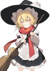 Rule 34 | 1girl, ^ ^, apron, black hat, black skirt, blonde hair, blush, bow, braid, broom, closed eyes, facing viewer, grin, hat, hat bow, highres, holding, holding broom, jill 07km, kirisame marisa, long sleeves, puffy sleeves, red scarf, scarf, signature, skirt, smile, solo, touhou, vest, waist apron, witch hat