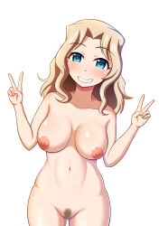 Rule 34 | 1girl, blonde hair, blue eyes, blush, breasts, breasts apart, cowboy shot, double v, girls und panzer, grin, highres, kay (girls und panzer), large breasts, long hair, looking at viewer, medium breasts, mugen mousou, navel, nipples, nude, pubic hair, pussy, smile, solo, v, white background