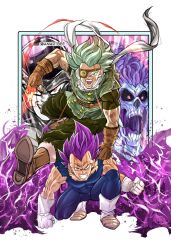 Rule 34 | 2boys, alien, angry, black frieza, corpse, dragon ball, dragon ball super, evil grin, evil smile, eyepatch, frieza, gloves, granolah (dragon ball), grin, highres, jumping, looking at viewer, multiple boys, open mouth, purple hair, red eyes, scarf, skull, smile, ultra ego (dragon ball), vegeta