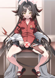 Rule 34 | 1girl, ahoge, black hair, black horns, black shorts, black tail, blue archive, blush, body writing, breasts, censored, coat, collared shirt, commentary request, demon horns, desk, disembodied limb, fang, full body, hair intakes, halo, hanuma hanma, holding, holding marker, horns, indoors, kasumi (blue archive), lab coat, long sleeves, looking at viewer, male hand, marker, medium breasts, mosaic censoring, open mouth, pov, pov hands, presenting, pussy, red shirt, sandals, school desk, shirt, shorts, sitting, solo focus, white coat, x