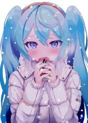 Rule 34 | 1girl, alternate costume, aqua hair, aqua nails, blue eyes, blush, can, coat, commentary, drink, hair between eyes, hairband, hatsune miku, highres, holding, holding can, holding drink, long hair, looking at viewer, simple background, snow, snowing, solo, takepon1123, twintails, upper body, very long hair, vocaloid, white background
