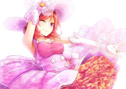 Rule 34 | 10s, 1girl, arm behind head, dararito, dress, earrings, elbow gloves, flower, frilled dress, frills, gloves, hat, hat flower, jewelry, love live!, love live! school idol festival, love live! school idol project, nishikino maki, one eye closed, outstretched hand, petticoat, pink dress, pink gloves, purple eyes, red hair, ring, simple background, smile, solo, white background