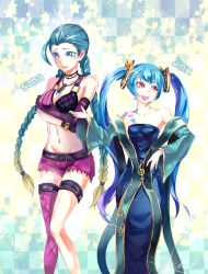 Rule 34 | 2girls, aqua hair, bare shoulders, bingseiml, blue eyes, blue hair, braid, breasts, bullet, cleavage, cosplay, costume switch, fingerless gloves, flat chest, gloves, hairline, highres, jewelry, jinx (league of legends), jinx (league of legends) (cosplay), large breasts, league of legends, long hair, ml6130605, multiple girls, navel, necklace, open mouth, pink eyes, smile, sona (league of legends), sona buvelle (cosplay), tattoo, thighhighs, treble clef, twin braids, twintails, very long hair