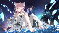 Rule 34 | 1girl, absurdres, aerial fireworks, animal ears, aurora, bare shoulders, barefoot, black ribbon, bodhi wushushenghua, cat ears, cat tail, chinese commentary, commentary request, dress, elbow gloves, fireworks, frilled dress, frills, gloves, hair ribbon, highres, jewelry, legs, long hair, looking at object, night, open mouth, original, pink eyes, pink hair, ribbon, sky, stirrup legwear, tail, thighhighs, thighs, toe ring, toeless legwear, toes, white gloves, white thighhighs