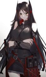 Rule 34 | 1girl, arknights, bare shoulders, belt, black hair, breasts, closed mouth, crossed arms, furrowed brow, highres, horns, ines (arknights), light blush, long hair, parted bangs, raitho, solo, very long hair, yellow eyes
