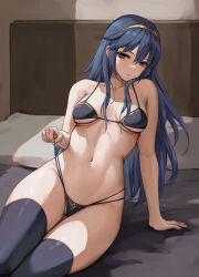 Rule 34 | 1girl, arm support, bare arms, bare shoulders, blue eyes, blue hair, blue panties, bra, breasts, chihunhentai, collarbone, fire emblem, fire emblem awakening, highres, indoors, long hair, looking at viewer, lucina (fire emblem), medium breasts, multiple straps, nintendo, on bed, panties, parted lips, sidelocks, sitting, solo, strap pull, thigh gap, thighhighs, thighs, tiara, underwear