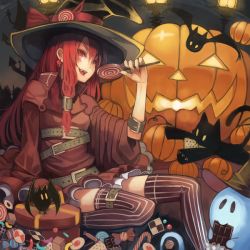 Rule 34 | &gt;:d, 1girl, :d, bad id, bad pixiv id, bat (animal), candy, cat, fang, food, ghost, halloween, hat, holding, jack-o&#039;-lantern, kaneni, lollipop, long hair, looking at viewer, open mouth, original, red eyes, red hair, sitting, smile, solo, v-shaped eyebrows, witch hat