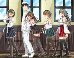 Rule 34 | 10s, 1boy, 4girls, ^ ^, ^o^, adjusting eyewear, admiral (kancolle), ahoge, angry, arm hug, arm up, arms behind back, baretto (karasi07), belt, black-framed eyewear, black bow, black footwear, black hair, black legwear, black skirt, blue eyes, blue skirt, blue sky, blush, body blush, boots, bow, brown legwear, clenched hands, clenched teeth, clipboard, closed eyes, collarbone, day, detached sleeves, faceless, faceless male, from side, full body, glasses, green skirt, hallway, hand up, haruna (kancolle), hat, headgear, hiei (kancolle), holding, hug, hug from behind, indoors, jacket, jealous, kantai collection, kirishima (kancolle), kongou (kancolle), leaning forward, long sleeves, looking back, military, military uniform, miniskirt, multiple girls, naval uniform, nontraditional miko, outline, own hands clasped, own hands together, pants, pantyhose, peaked cap, plaid, plaid skirt, pleated skirt, purple eyes, red ribbon, red skirt, ribbon, ribbon-trimmed sleeves, ribbon trim, short hair, skirt, sky, sweatdrop, teeth, thigh boots, thighhighs, uniform, walking, white hat, white jacket, white pants, window, zettai ryouiki