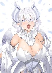 Rule 34 | 1girl, :d, absurdres, blush, breasts, cleavage, corset, detached sleeves, duel monster, earrings, ganesagi, grey eyes, grey hair, hair between eyes, heart, heart in mouth, highres, horns, jewelry, large breasts, laughing, looking at viewer, lovely labrynth of the silver castle, medium hair, open mouth, pointy ears, smile, solo, twintails, upper body, wings, yu-gi-oh!