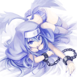 Rule 34 | 1girl, blue eyes, blue hair, breasts, chain, chained, chain, cleavage, habit, large breasts, long hair, matching hair/eyes, nail polish, nun, original, pondel, purple nails, solo, thighhighs, wings
