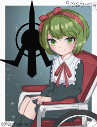 1girl 2020s 2021 artist_name black_dress blush border bow bowtie character_logo child closed_mouth danganronpa_(series) danganronpa_another_episode:_ultra_despair_girls dated dress drinking eyebrows eyelashes female_focus fingernails green_eyes green_hair hair_bow hair_ribbon hairband headband highres looking_at_viewer neck_ribbon nightearna on_chair red_bow red_chair red_hairband red_headband red_ribbon ribbon signature sitting smile solo towa_monaca wheel wheelchair white_border