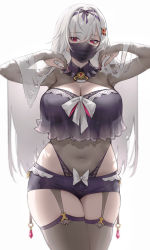 Rule 34 | 1girl, breasts, cleavage, cleavage cutout, clothing cutout, copyright request, covered navel, garter straps, grey thighhighs, hair between eyes, hair ornament, hair ribbon, haoni, highres, large breasts, leotard, long hair, looking at viewer, mask, purple ribbon, red eyes, ribbon, see-through, see-through leotard, short shorts, shorts, shrug (clothing), simple background, solo, thighhighs, white background, white hair