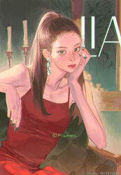 Rule 34 | 1girl, absurdres, armchair, artist name, breasts, brown hair, chair, character name, collarbone, commentary, dated, earrings, flamma (immortalemignis), green eyes, hair behind ear, hand on own cheek, hand on own face, highres, itzy, jewelry, k-pop, leaning to the side, lia (itzy), long hair, ponytail, real life, realistic, sitting, small breasts, solo, symbol-only commentary