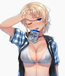 Rule 34 | 1girl, blonde girl (itou), blue bra, blue eyes, blue jacket, blush, bottle, bra, breasts, checkered clothes, checkered jacket, choker, fingernails, hand up, head tilt, hood, hood down, hooded jacket, hot, itou (onsoku tassha), jacket, large breasts, looking at viewer, mouth hold, multiple bras, nervous sweating, one eye closed, open clothes, open jacket, original, ponytail, red choker, simple background, solo, sweat, underwear, upper body, very sweaty, wet bra, white background, white bra, wiping forehead