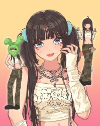 Rule 34 | 1girl, animification, black nails, blue eyes, boots, breasts, brown hair, camouflage, camouflage pants, collarbone, cropped shirt, cross, cross necklace, detached sleeves, gradient background, guriming, hands on own hips, head tilt, highres, jewelry, joy (red velvet), k-pop, long hair, looking at viewer, medium breasts, multiple views, nail polish, navel, necklace, pants, pink background, print shirt, real life, red velvet (group), shirt, sleeves past wrists, smile, strapless, strapless shirt, stuffed animal, stuffed rabbit, stuffed toy, twintails, white shirt, yellow background