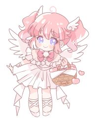 Rule 34 | 1girl, ahoge, angel wings, basket, blue eyes, blush, bow, bowtie, chibi, closed mouth, commentary, dress, full body, heart, highres, holding, holding basket, kino haruc, kisaki anko, leg ribbon, looking at viewer, medium bangs, medium hair, multicolored hair, nanashi inc., pink bow, pink bowtie, pink hair, ribbon, shoes, short twintails, simple background, smile, solo, symbol-only commentary, twintails, two-tone hair, virtual youtuber, white background, white dress, white footwear, white hair, white ribbon, wing hair ornament, wings
