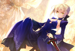Rule 34 | 1girl, alternate costume, artoria pendragon (all), artoria pendragon (fate), blonde hair, bow, breasts, cleavage, clothes lift, detached sleeves, dress, dress lift, excalibur morgan (fate), fate/stay night, fate (series), hachini, hair bow, reverse grip, saber (fate), saber alter, short hair, solo, sword, weapon, yellow eyes