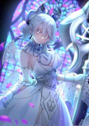 Rule 34 | 1girl, breasts, cleavage, demon girl, demon horns, demon wings, dress, duel monster, gloves, grey eyes, highres, holding, holding polearm, holding weapon, horns, large breasts, leotard, leotard under clothes, looking at viewer, lovely labrynth of the silver castle, low wings, pointy ears, polearm, shiroue tomari, smile, solo, transparent wings, twintails, weapon, white hair, white horns, wings, yu-gi-oh!