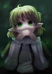 Rule 34 | 1girl, absurdres, blonde hair, covering own mouth, dark background, dungeon toaster, green eyes, hands up, highres, interlocked fingers, looking at viewer, mizuhashi parsee, own hands together, pointy ears, scarf, short hair, simple background, solo, touhou, upper body