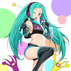Rule 34 | 1girl, aqua eyes, aqua hair, beelzebub yuuichi, cosplay, crop top, detached sleeves, elbow gloves, gloves, hatsune miku, headset, leg lift, long hair, microphone, midriff, morolian, navel, one eye closed, open mouth, parody, project diva, project diva (series), see-through, short shorts, shorts, solo, space channel 5, star (symbol), thighhighs, twintails, ulala, ulala (cosplay), very long hair, vocaloid, wink