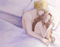 Rule 34 | 1boy, 1girl, aerith gainsborough, ancotsubu, bare arms, bed, bed sheet, blonde hair, breasts, brown hair, cloud strife, collarbone, couple, cuddling, closed eyes, final fantasy, final fantasy vii, final fantasy vii remake, hair down, hetero, jewelry, long hair, medium breasts, pillow, ring, sleeping, spiked hair, square enix, topless, topless male, wavy hair