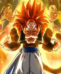 Rule 34 | 3boys, black hair, black vest, blue eyes, blue sash, body fur, brown fur, clenched hands, cropped vest, dragon ball, dragon ball gt, glowing, glowing eyes, gogeta, highres, long hair, male focus, metamoran vest, monkey tail, multiple boys, muscular, open clothes, open vest, pants, red hair, rz28kp, sash, smile, solo focus, son goku, spiked hair, super saiyan, super saiyan 4, tail, vegeta, vest, white pants, yellow eyes