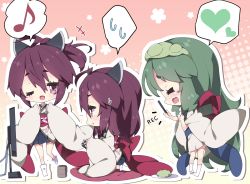 Rule 34 | +++, 3girls, :&lt;, :d, ;d, ahoge, black skirt, blush, brown eyes, brown hair, cellphone, closed eyes, commentary request, cup, dual persona, eighth note, flat screen tv, green hair, grey kimono, hair between eyes, hair down, headgear, heart, high ponytail, highres, holding, holding phone, japanese clothes, kimono, long hair, long sleeves, milkpanda, multiple girls, musical note, no shoes, one eye closed, open mouth, outline, parted lips, phone, pleated skirt, ponytail, profile, recording, red ribbon, ribbon, sitting, skirt, sleeves past wrists, smile, socks, spoken heart, spoken musical note, sweat, television, touhoku kiritan, touhoku zunko, very long hair, voiceroid, wariza, white legwear, white outline, wide sleeves, yunomi