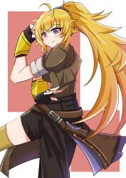 Rule 34 | 1girl, absurdres, ahoge, asymmetrical clothes, bakuma, belt, black gloves, black pants, blonde hair, brown belt, brown jacket, closed mouth, commentary, commentary request, cowboy shot, ember celica (rwby), english commentary, fighting stance, fingerless gloves, gauntlets, gloves, hair between eyes, high ponytail, highres, jacket, leather belt, long hair, looking at viewer, multiple belts, pants, partial commentary, ponytail, purple eyes, red background, rwby, simple background, single pantsleg, single thighhigh, sleeves rolled up, smile, solo, standing, standing on one leg, thighhighs, white background, yang xiao long, yellow thighhighs
